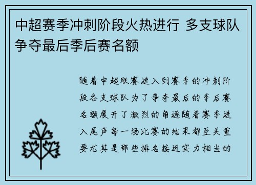 中超赛季冲刺阶段火热进行 多支球队争夺最后季后赛名额